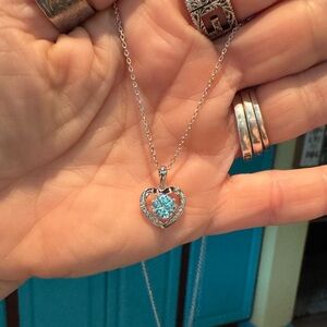 Aquamarine and Moissanite Elegant Silver Heart Necklace 925 Silver